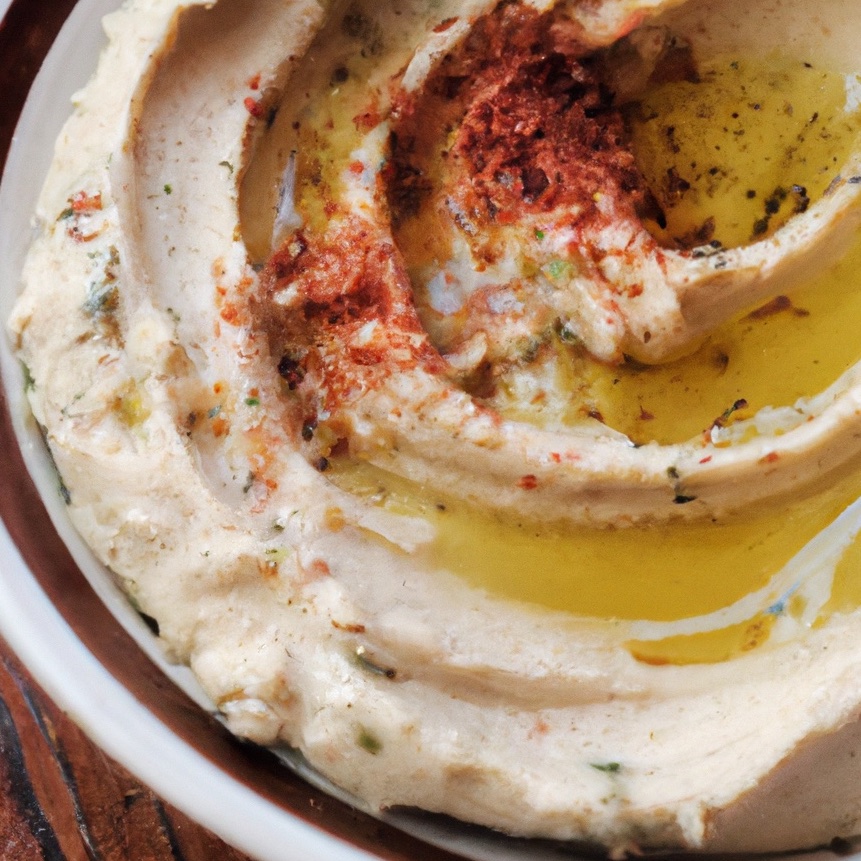 Bowl of gluten free hummus with olive oil and paprika